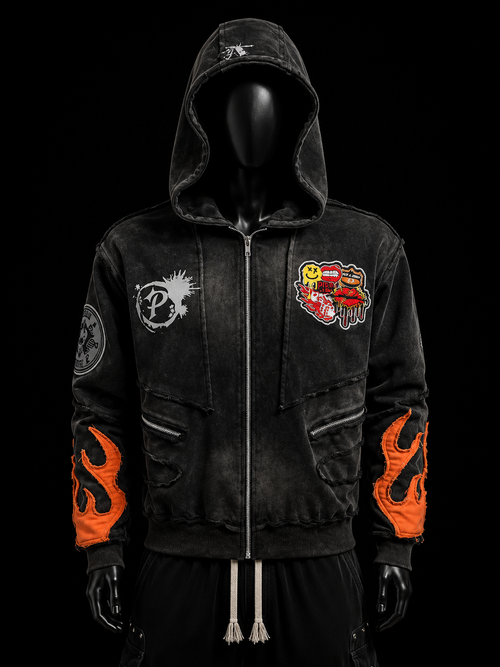 Black Distressed Multi-Patch Orange Flame Hoodie on mannequin