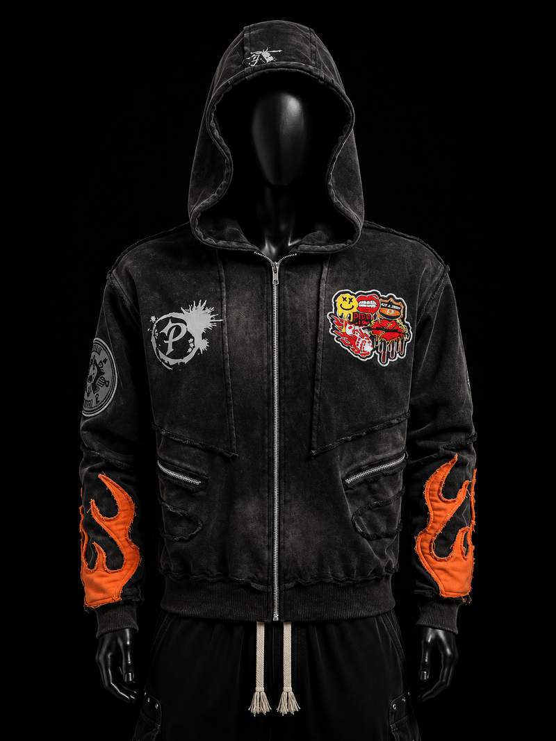 Black Distressed Multi-Patch Orange Flame Hoodie on mannequin
