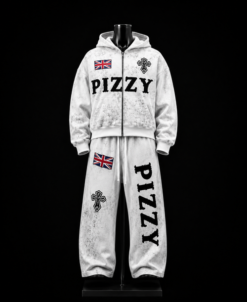 Pizzy White Distressed Cross Tracksuit on mannequin