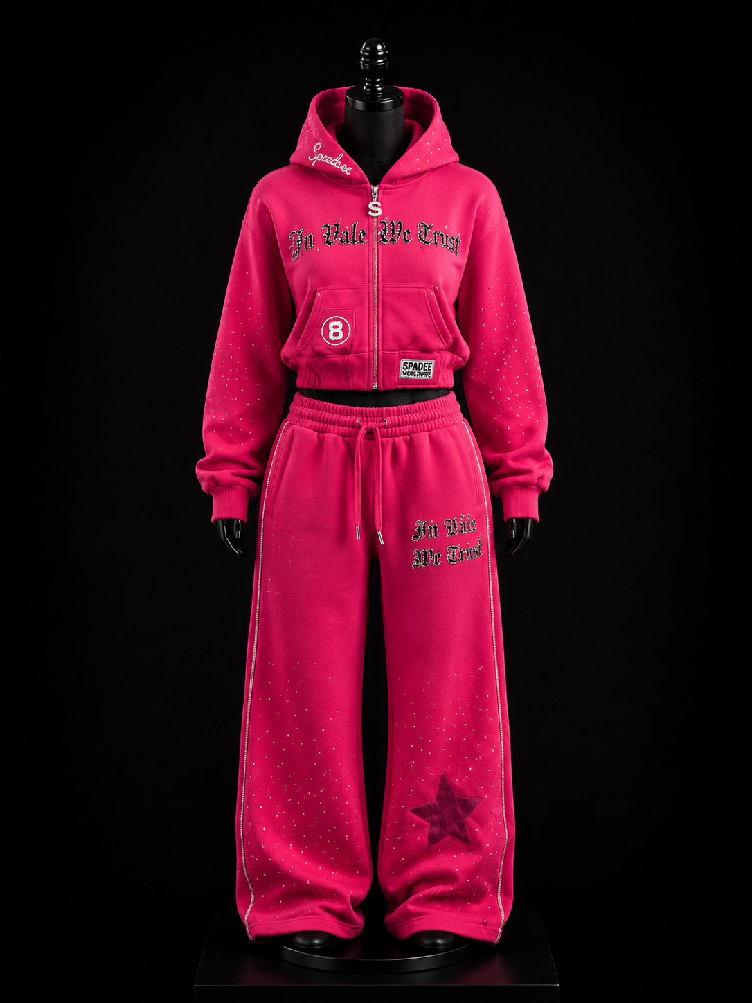 In Vale We Trust Hot Pink Rhinestone Tracksuit on mannequin