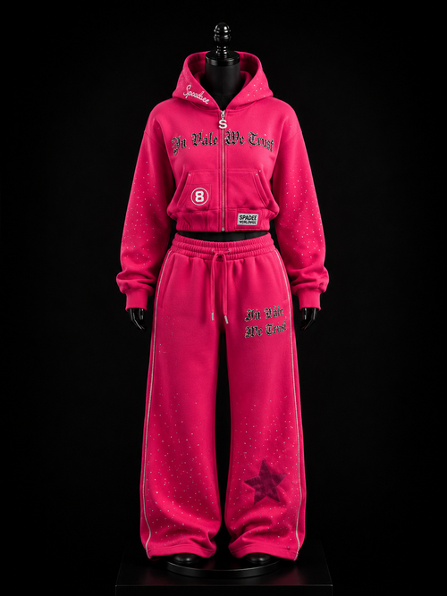 In Vale We Trust Hot Pink Rhinestone Tracksuit on mannequin