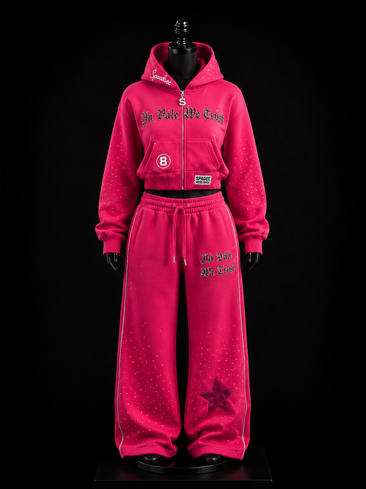 In Vale We Trust Hot Pink Rhinestone Tracksuit on mannequin