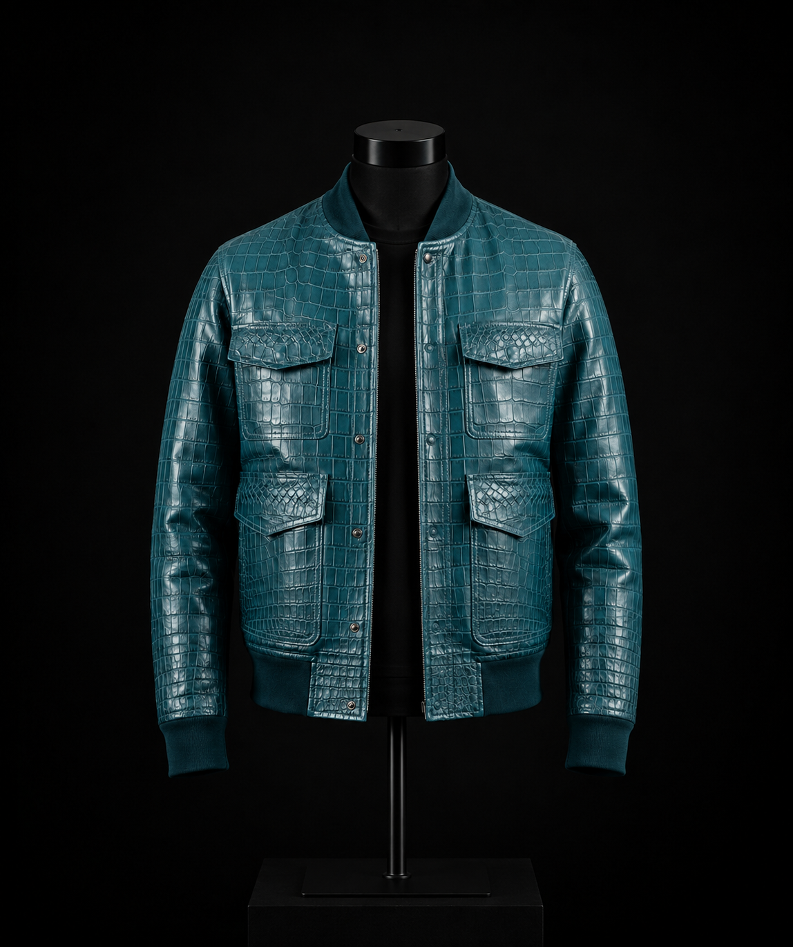 Rehman Industries Teal Croc-Embossed Leather Bomber Jacket on mannequin
