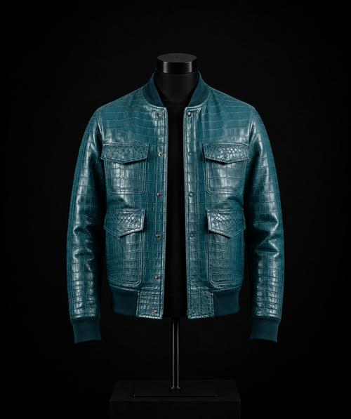Rehman Industries Teal Croc-Embossed Leather Bomber Jacket on mannequin
