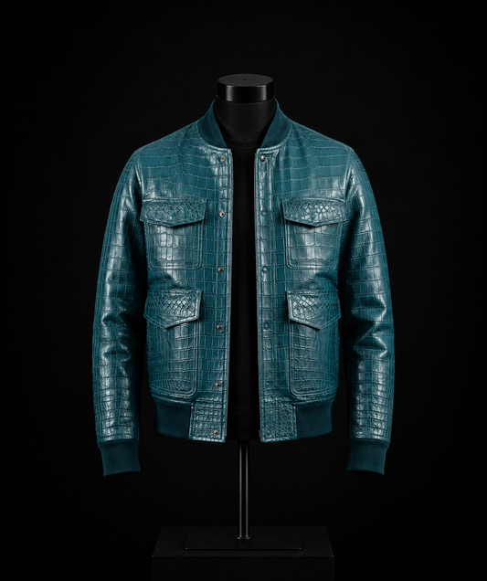 Rehman Industries Teal Croc-Embossed Leather Bomber Jacket on mannequin
