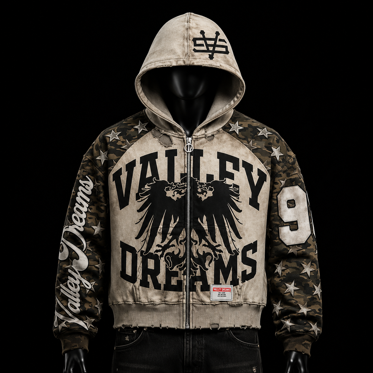 Valley Dreams Camo Eagle Cropped Hoodie on mannequin