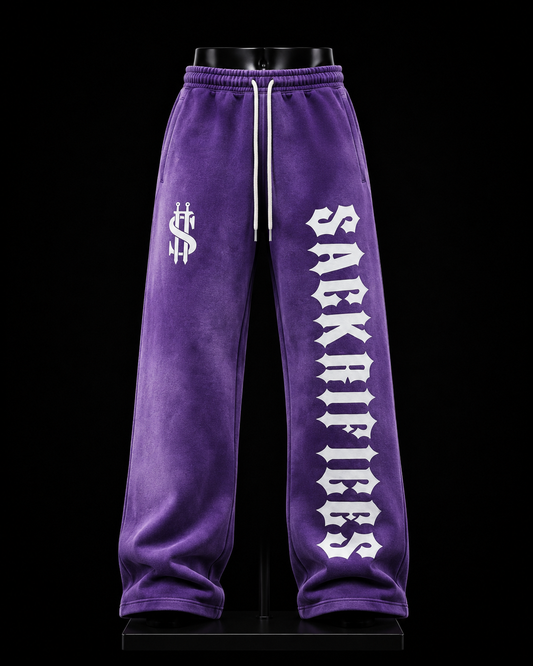 Sacrifices Purple Gothic Wide-Leg Sweatpants on mannequin