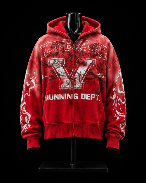 Zenar Running Dept Red Distressed Hoodie on mannequin