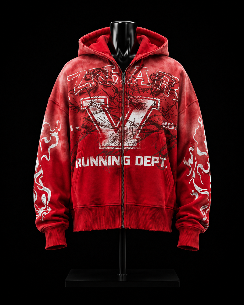 Zenar Running Dept Red Distressed Hoodie on mannequin