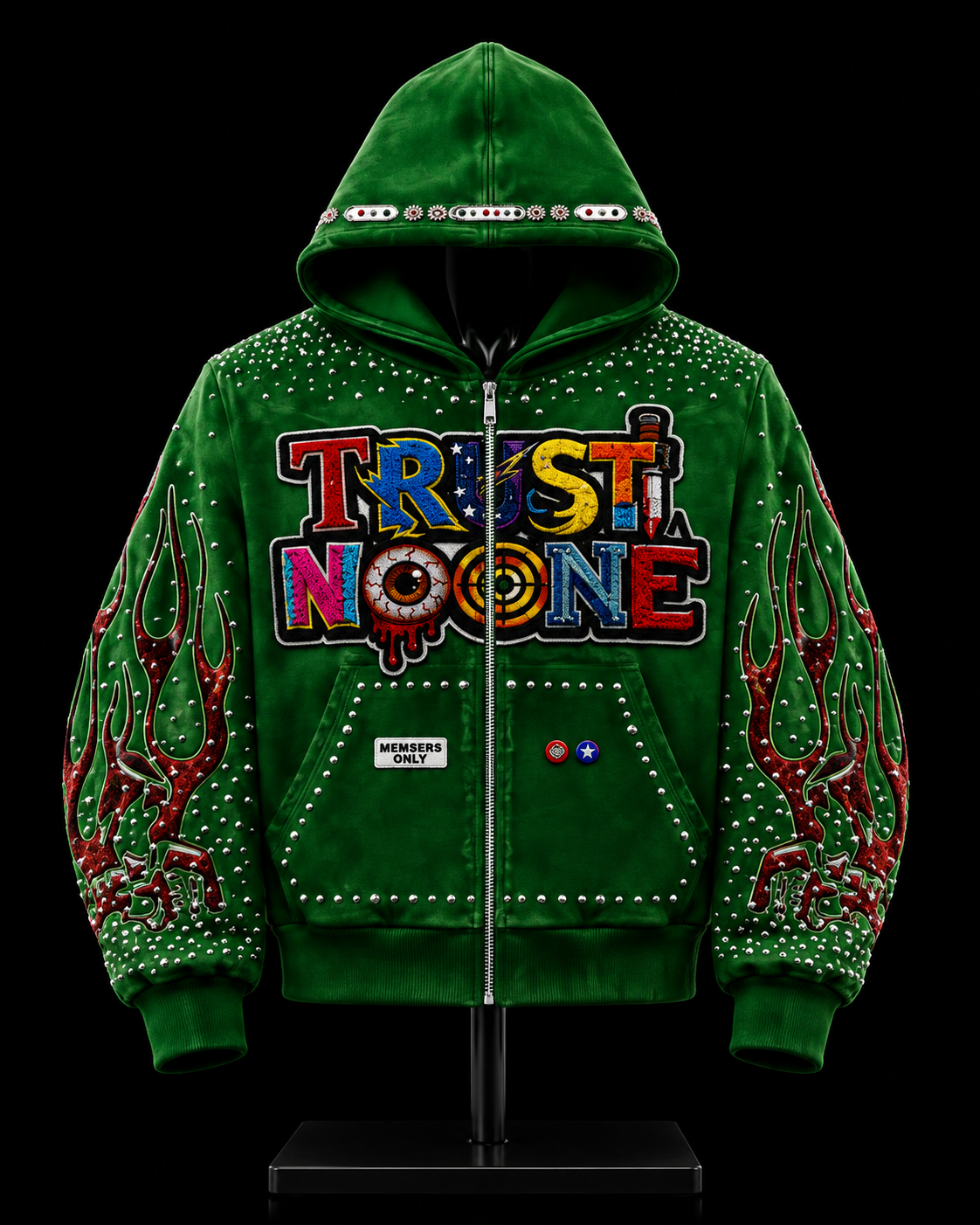 Trust No One Green Rhinestone Members Only Hoodie on mannequin