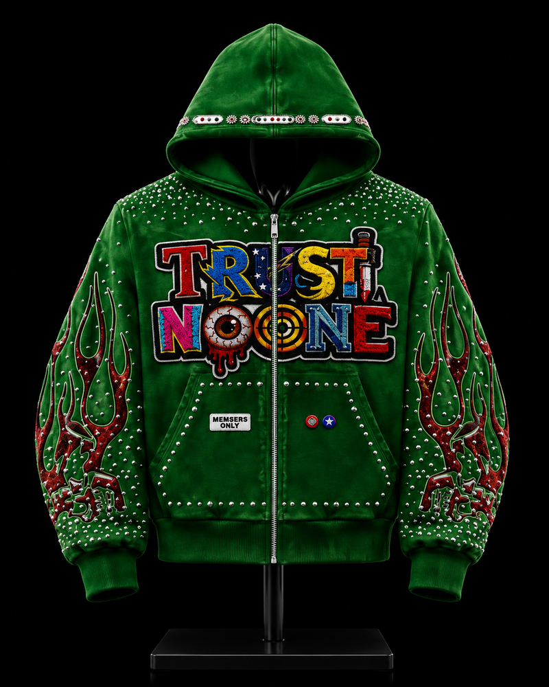 Trust No One Green Rhinestone Members Only Hoodie on mannequin