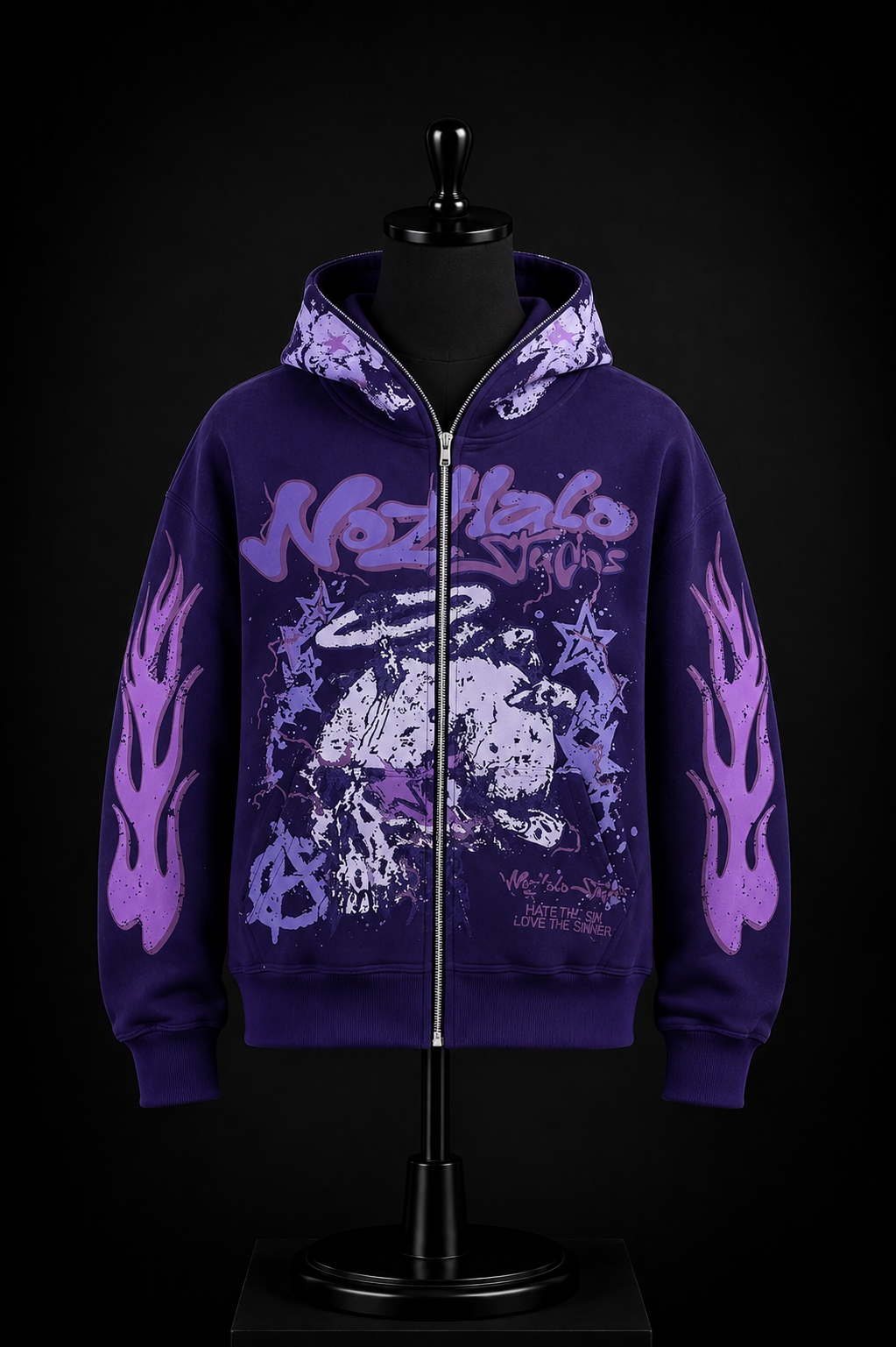 NoHalo Studios Purple Skull Flame Hoodie on mannequin