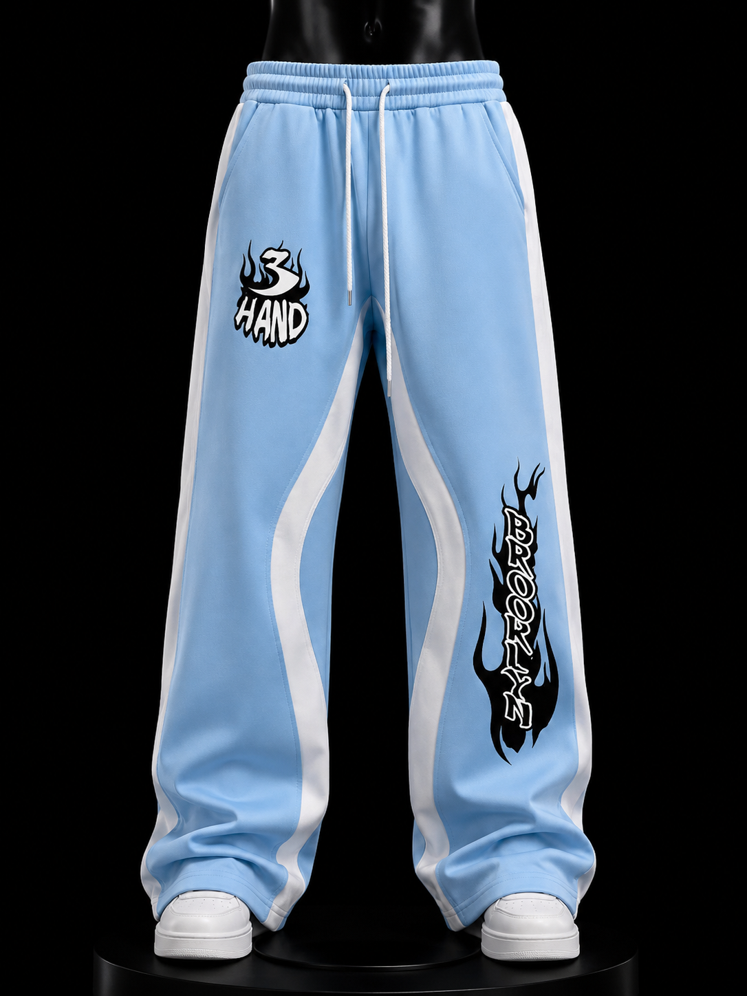 3 Hand Brooklyn Baby Blue Wide-Leg Sweatpants on mannequin