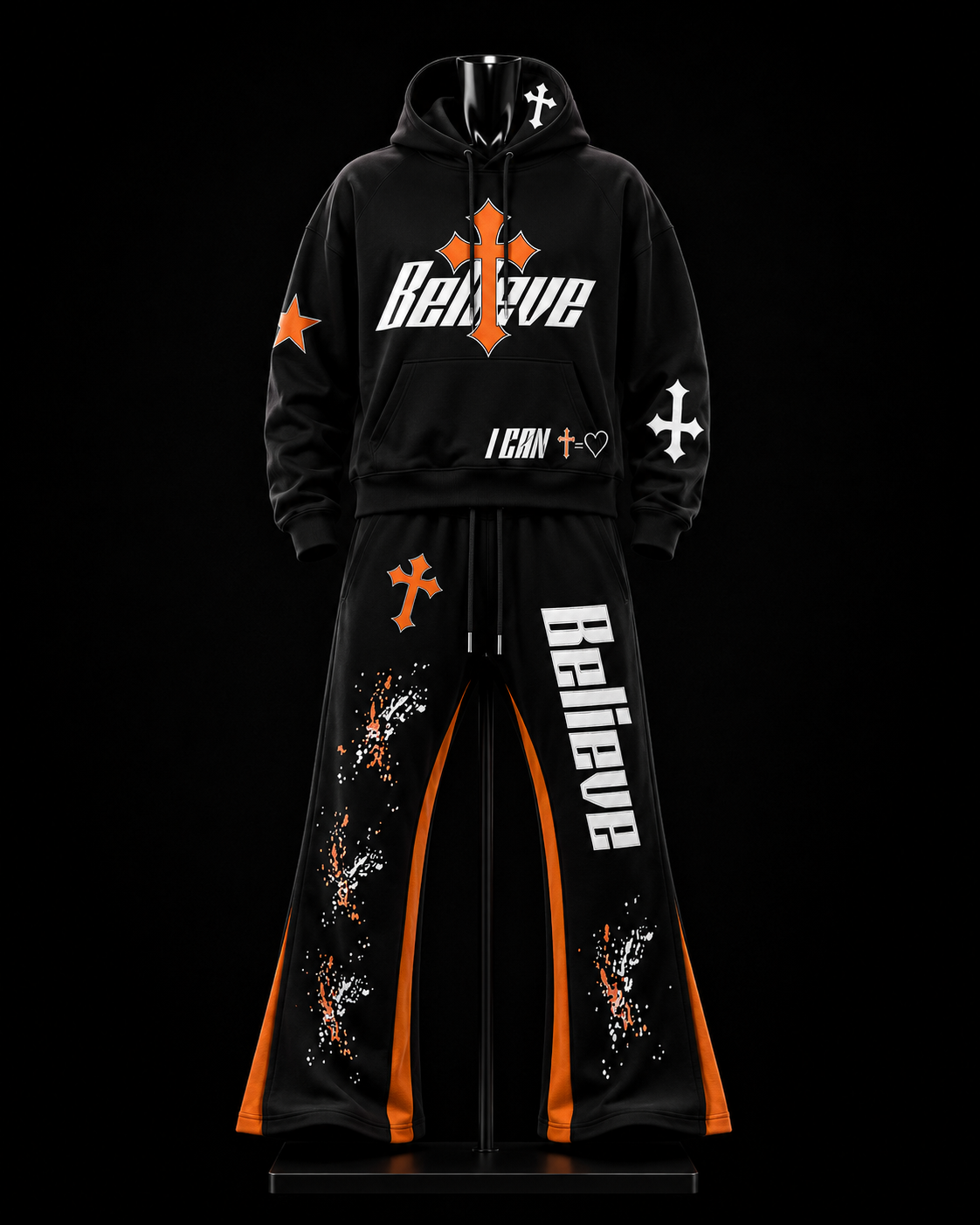 Believe Black & Orange Gothic Tracksuit on mannequin