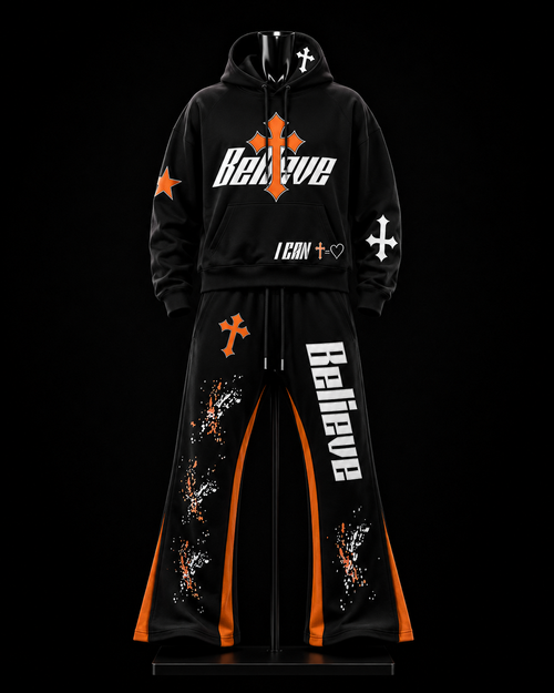 Believe Black & Orange Gothic Tracksuit on mannequin