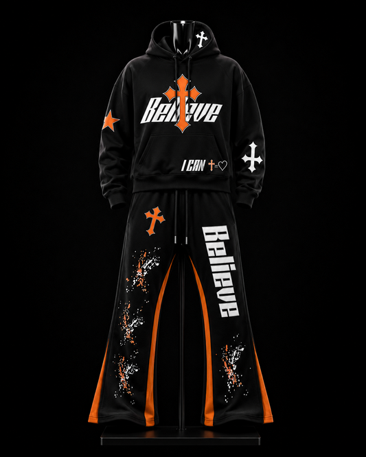 Believe Black & Orange Gothic Tracksuit on mannequin