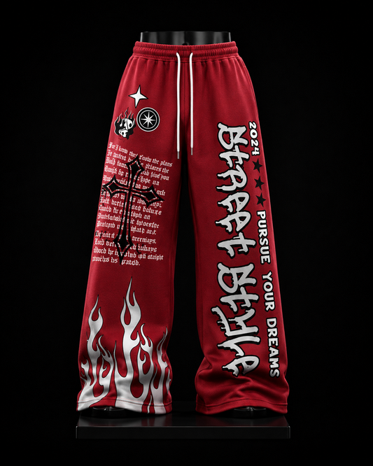 Pursue Your Dreams 2024 Red Flame Wide-Leg Sweatpants on mannequin
